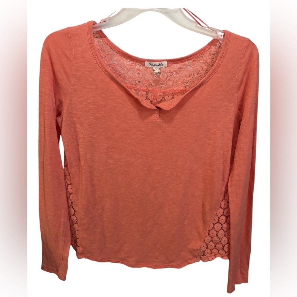Fairycore Aeropostale Coral Floral Crochet Long Sleeve Top w/ 1/4 Button Down